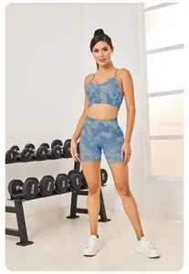 Ensemble fitness sans couture pour femmes tie-dye bleu et blanc avec brassière et short