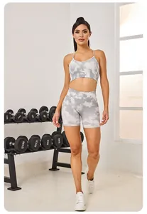 Ensemble brassière de sport et short sans couture à motif marbre pour femme fitness