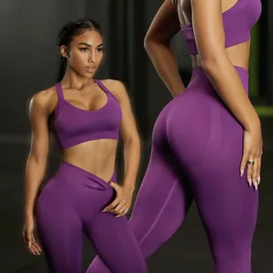 Set yoga senza cuciture viola in due pezzi con leggings a vita alta e reggiseno sportivo