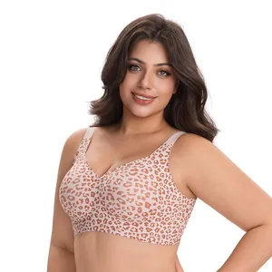Close-up detail of leopard print plus size wireless bra with seamless jelly glue support