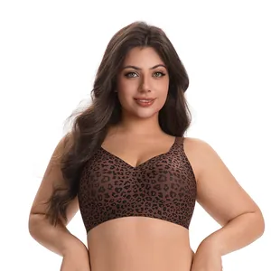 Detail view of a seamless leopard print wire-free bra designed for plus size women