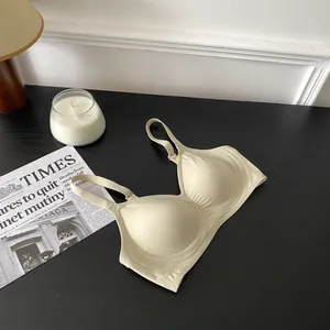 Vista dettagliata di un reggiseno beige senza cuciture e ferretto su una scrivania moderna