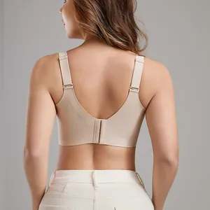 Back view detail of seamless nude wireless plus size bra with adjustable straps