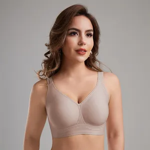 Detail of a seamless plus size wireless beige bra with soft support