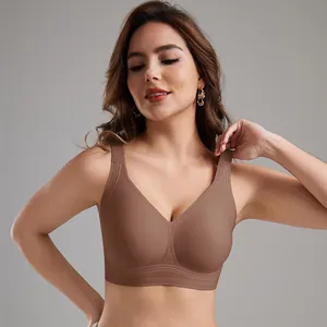 Detailed view of seamless wireless bra with supportive jelly glue texture in brown