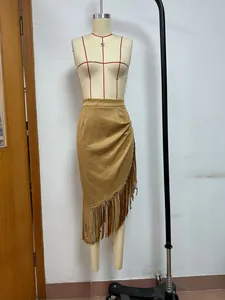 Retro Western style khaki suede midi skirt with irregular hem and long fringe detail