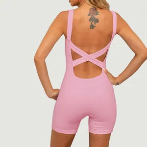 Tuta da Yoga da Donna a Costine Senza Cuciture Incrocio sulla Schiena Pagliaccetto da Palestra Senza Maniche Scollo a U Push Up Top And Bottom