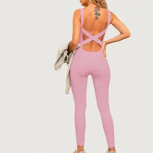 Seamless Ribbed Yoga Jumpsuit Women Crisscross Back One-Piece Bodysuit Nylon Spandex Fitness Leggings Tight Athletic Gym Sportswear