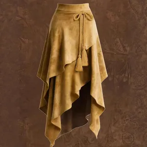 Asymmetrischer Midi-Wildlederrock im Western-Vintage-Stil mit Quasten-Taillenband.
