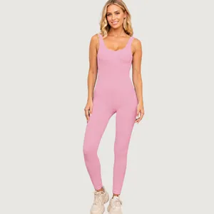 Pink seamless ribbed yoga jumpsuit for women, slim fit athletic one-piece bodysuit