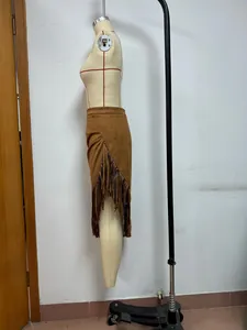 Detailed view of a western-style brown faux suede fringe skirt on a mannequin stand