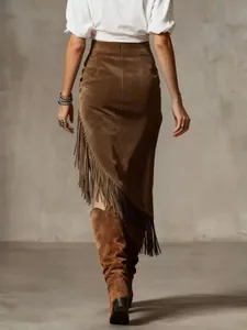 Back view detail of a brown suede midi skirt with western irregular fringe design.