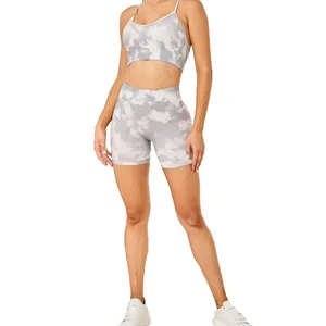 Ensemble de yoga sans couture tie-dye gris 2 pièces avec brassière et short sport
