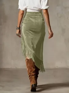 Back view of olive green suede midi skirt with western style asymmetrical fringe