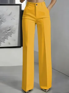 Gele pantalon met hoge taille, wijde pijpen, rechte pasvorm en persplooi aan de voorzijde