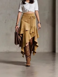 Damen Vintage Wildleder-Optik A-Linie Midi Rock Mit Quastengürtel Unregelmäßiger Saum Western Boho Hohe Taille Rock