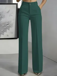 Elegante bosgroene broek met hoge taille, wijde pijpen en een flatterende draperie.