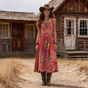 Full view of bohemian sleeveless dress with pink floral print in rustic setting