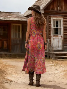 Achteraanzicht van een retro boho-print mouwloze maxi-jurk in een rustieke setting