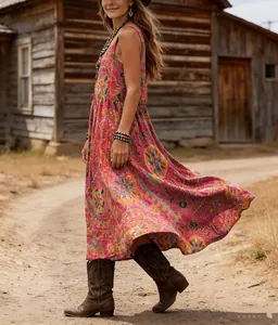 Vintage bohemian bedrukte mouwloze maxi-jurk met cowboylaarzen buiten