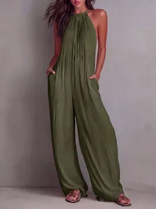 Sleeveless olive green pleated halter jumpsuit with wide-leg design for vacation