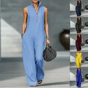 Detailansicht der ärmellosen, lockeren Baumwoll-Leinen-Jumpsuits für Damen in verschiedenen Farben