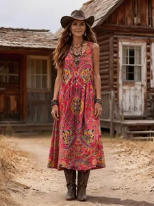 Vintage bohemien mouwloze midi-jurk met roze print en western cowboy-stijl look