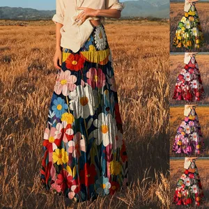 Romantische boheemse maxi-rok met bloemenprint in olieverfstijl en elastische taille