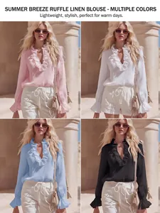 Detailed view of women's ruffle linen blouse variants in pink white blue and black