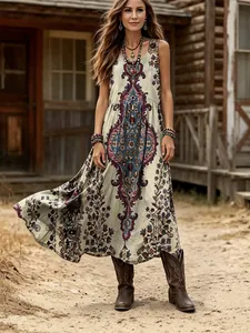 Dames Plus Size Boheemse Retro Geprinte Jurk Zomer Mouwloos V-Hals Maxi Jurk Etnische Stijl A-Lijn Vakantie Strand Lange Jurk