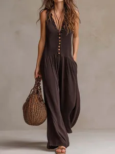 Boho ολόσωμη φόρμα χωρίς μανίκια με V-λαιμόκοψη, φαρδύ μπατζάκι, βολάν και κουμπιά