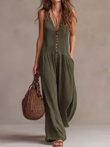 Boho λαδί ολόσωμη φόρμα με V λαιμόκοψη, βολάν και φαρδύ μπατζάκι