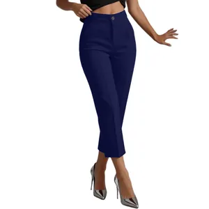 Detailweergave van nauwsluitende donkerblauwe pantalon met hoge taille voor dames
