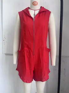 Detail of a red vintage style hooded sleeveless cotton linen romper with zipper