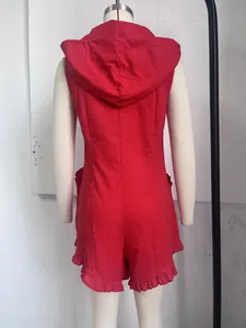Detailed back view of a red hooded sleeveless cotton-linen romper with ruffled hemline
