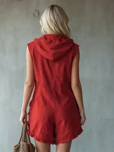 Back view of red retro hooded sleeveless cotton linen romper with ruffle details