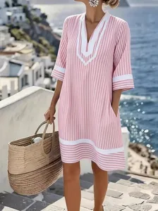 Pink and white striped V-neck bohemian beach dress cover-up with loose fit design