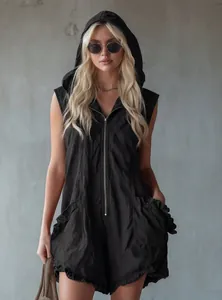 Retro sleeveless hooded jumpsuit with front zipper and ruffle pockets in black cotton linen