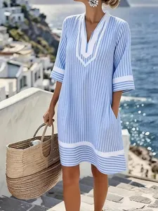 Bohemian blue and white striped V-neck beach dress for seaside vacation style cover-up