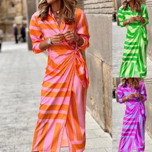 Böhmisches gestreiftes Wickel-Maxikleid mit V-Ausschnitt und langen Ärmeln Sommer