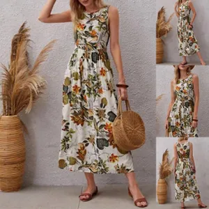 Elegante abito lungo senza maniche con stampa floreale bohémien, vita alta e linea ad A