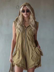 Detailed view of a vintage hooded sleeveless cotton linen romper with front zip closure