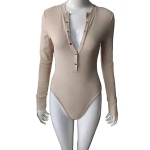 Close-up detail of ribbed fabric and button neckline on beige long sleeve bodysuit.