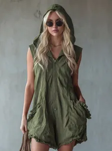 Detailed view of women's vintage green hooded sleeveless cotton linen romper jumpsuit