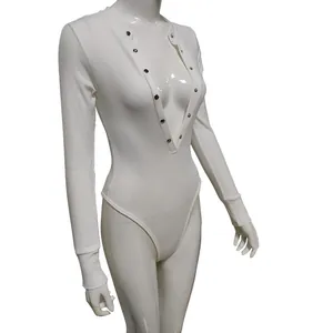 Detailed side view of a white long-sleeved ribbed bodysuit featuring V-neck snap buttons
