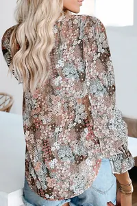 Detailed back view of a stylish floral print long sleeve blouse for summer and spring