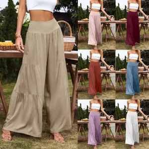 Mostra vari colori di pantaloni larghi in lino a vita alta per donne, stile casual.