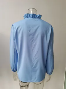 Vista posteriore di una camicetta azzurra a maniche lunghe con elegante collo a balze