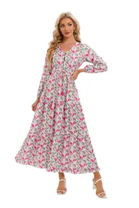 Robe longue bohème à imprimé cachemire avec col en V, manches longues et glands