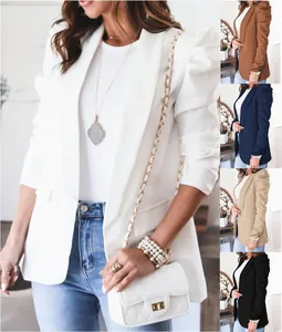 Elegant women's solid color long-sleeved puffed sleeve blazer shown in five colors